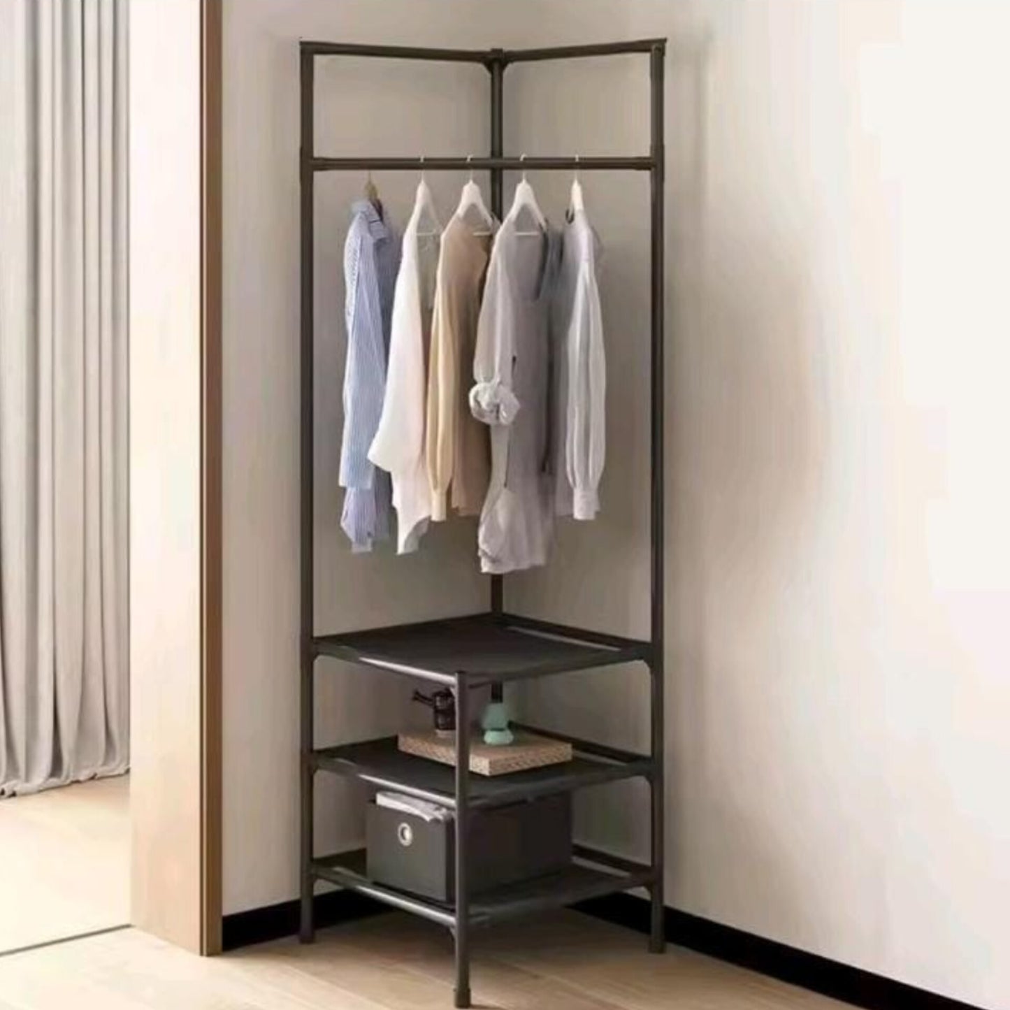 3 Layer Metallic L Shaped Corner Coat Rack