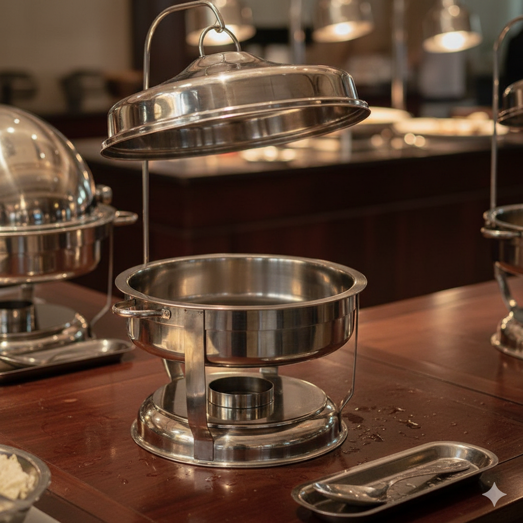 Signature Stainless steel 6 liter round rolltop chafing dish with a separate hanging stand for the lid.