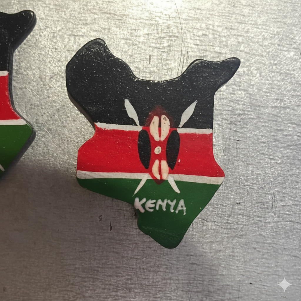 Hand-painted wooden fridge magnet shaped like the map of Kenya with the Kenyan flag colors and shield.