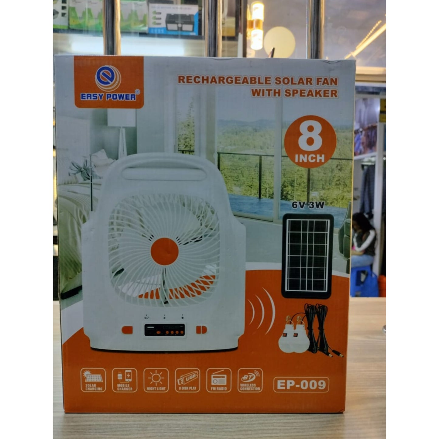 Rechargeable solar fan with speaker by Easy Power.