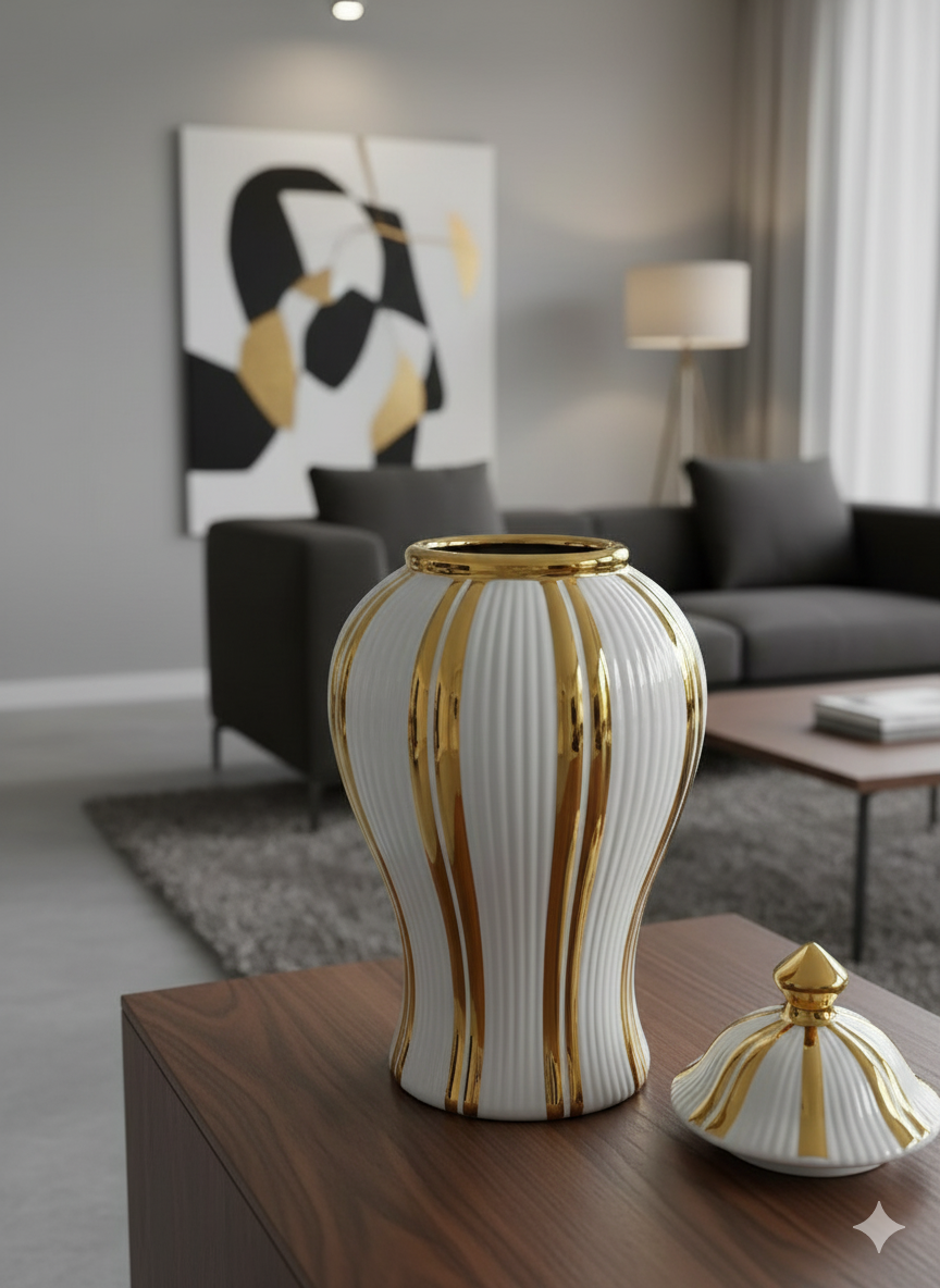 Ceramic Gold Plated White Ginger Vase