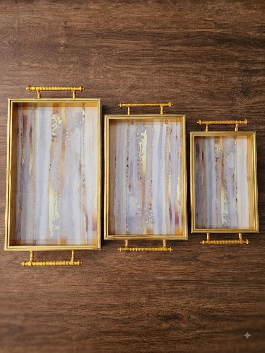 3Pc Gold Pattern Tray Set