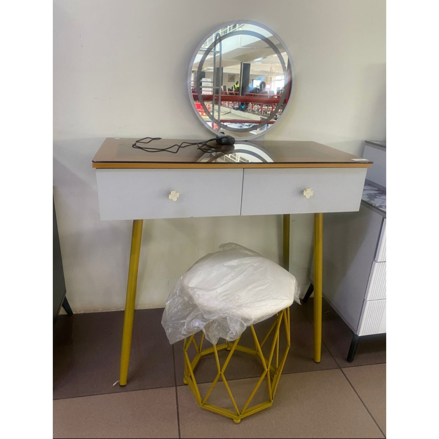Modern dressing table with mirror and stool