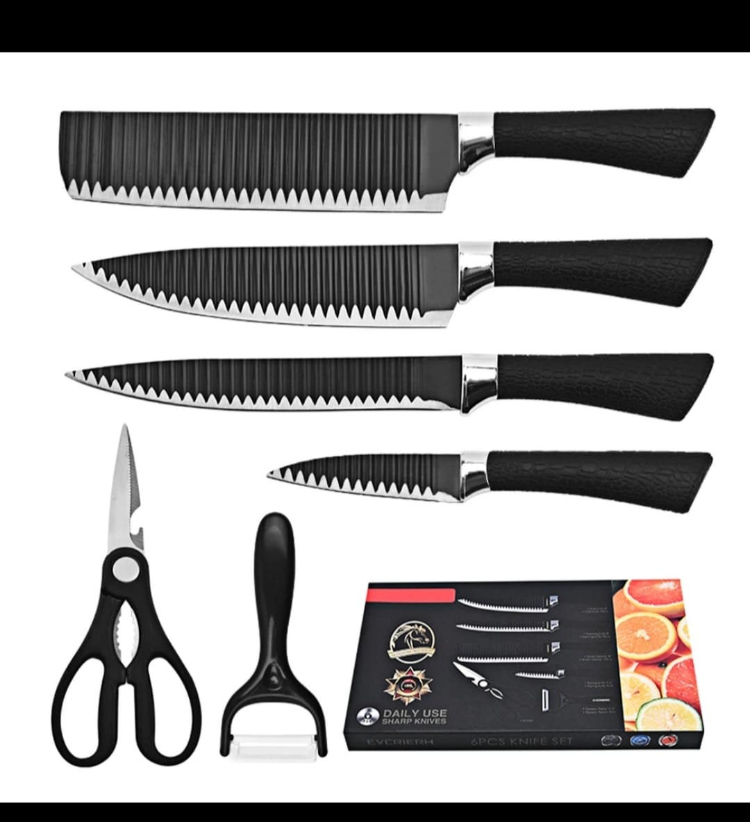 6pc Wave pattern knife black set