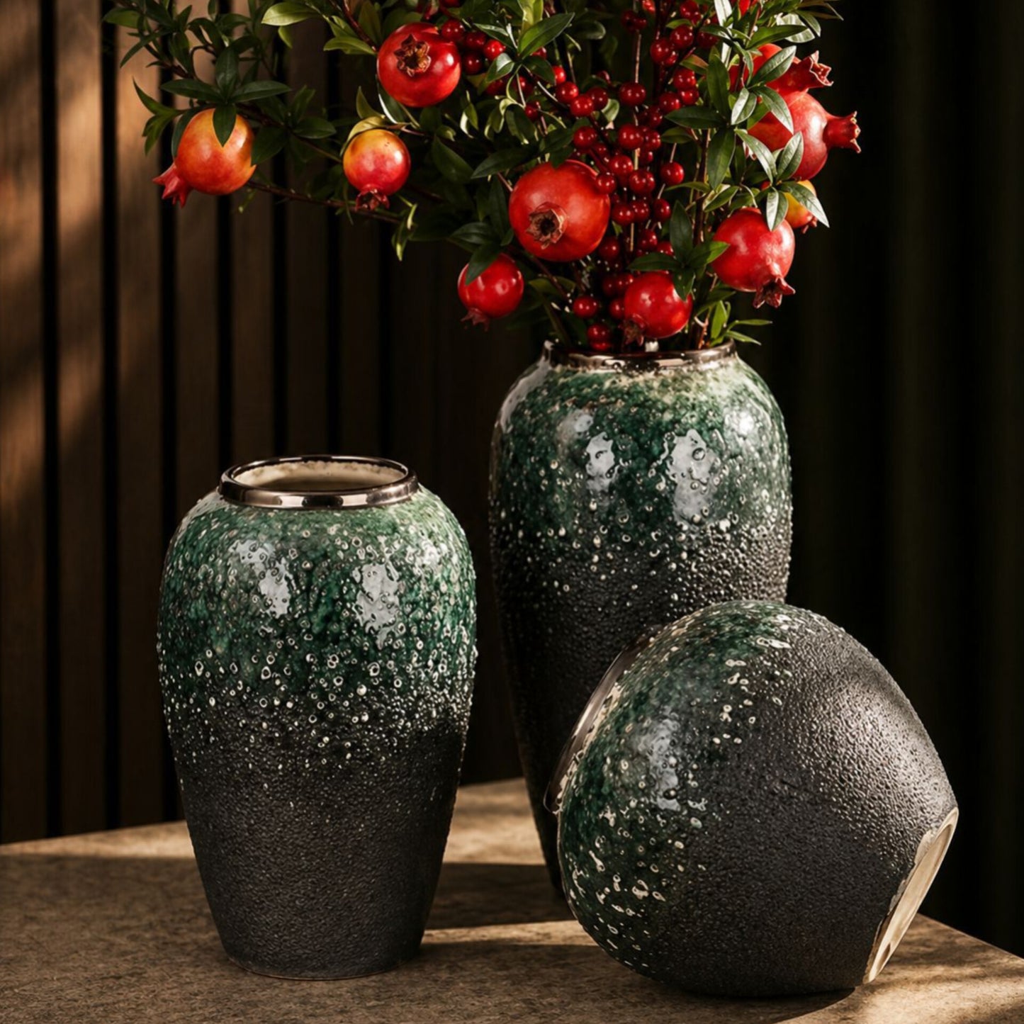 Dark Green and Gold Accent Vase Set 3pcs