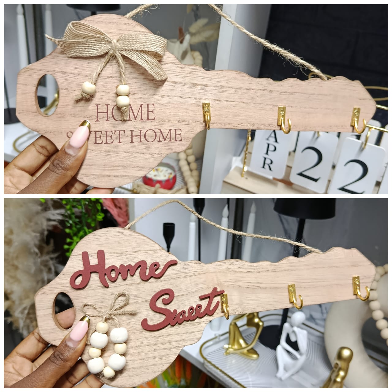 Two key shaped wooden wall plaques with Home Sweet Home text and three gold hooks hanging on twine.