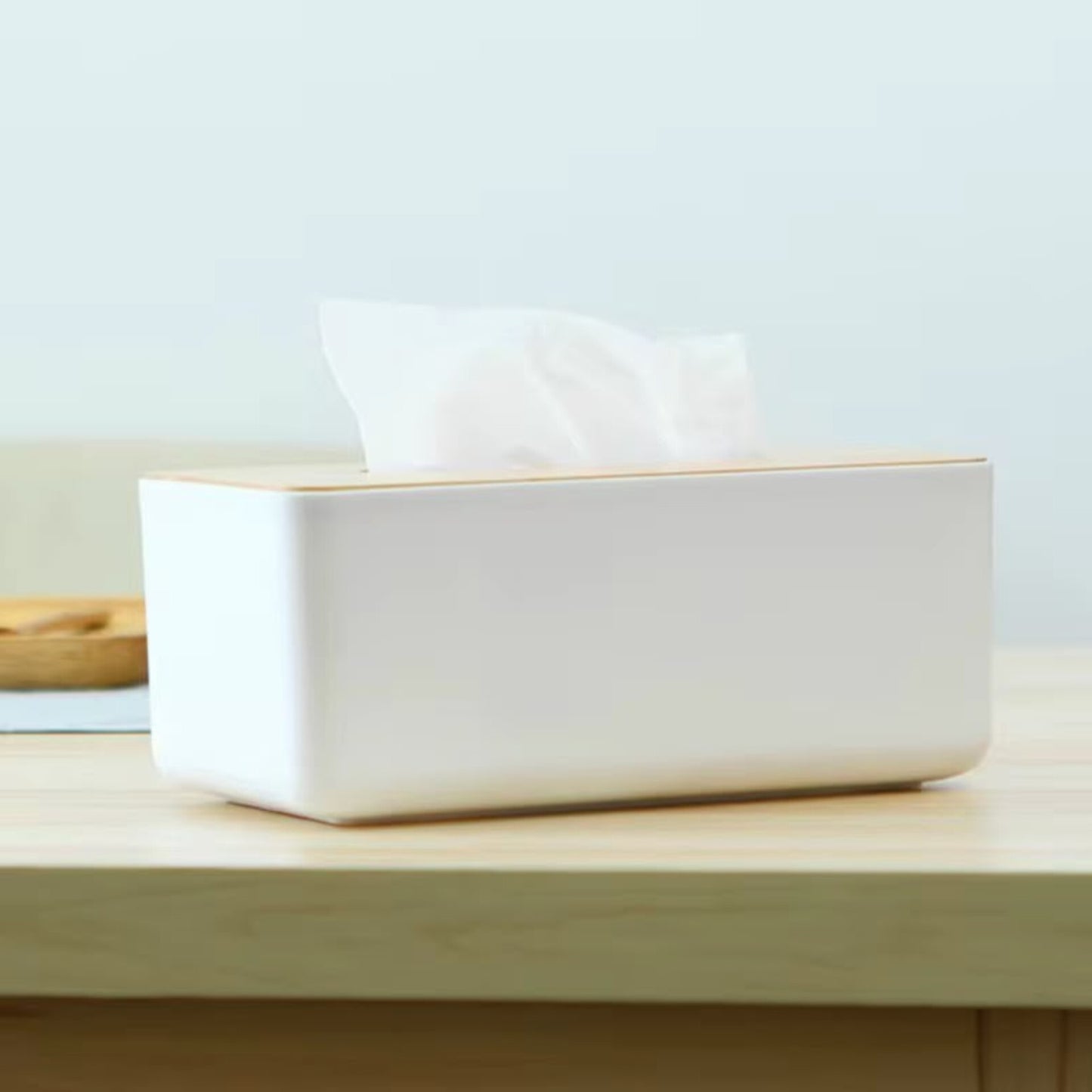 Matte White Plastic Tissue Box Holder with Removable Wooden Lid