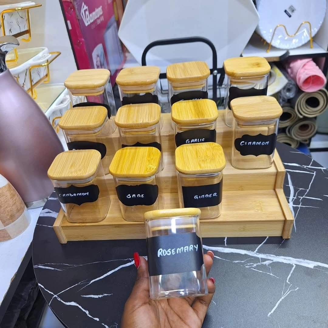 12pc square glass spice jar set with a wooden bamboo stand