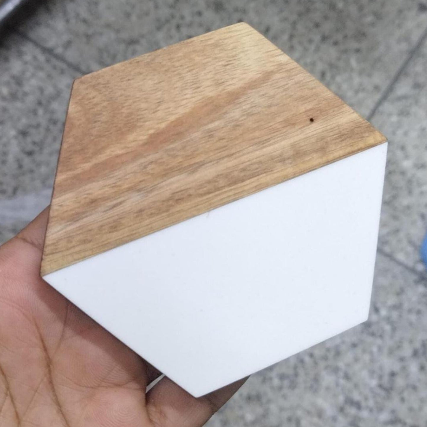 Set of 6 Hexagon Coasters with White Marble and Natural Wood Base