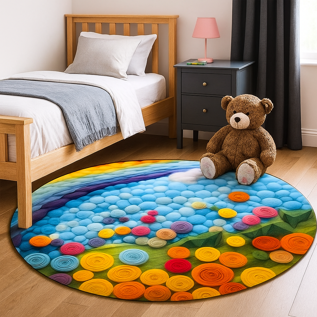 A large 120 centimeter round rug with a colorful, textured rainbow and swirl pattern on a light wooden floor in a child's bedroom.