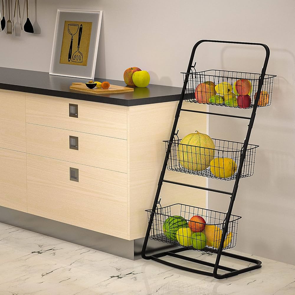 Black 3 tier metallic fruit and grocery storage rack with wire baskets