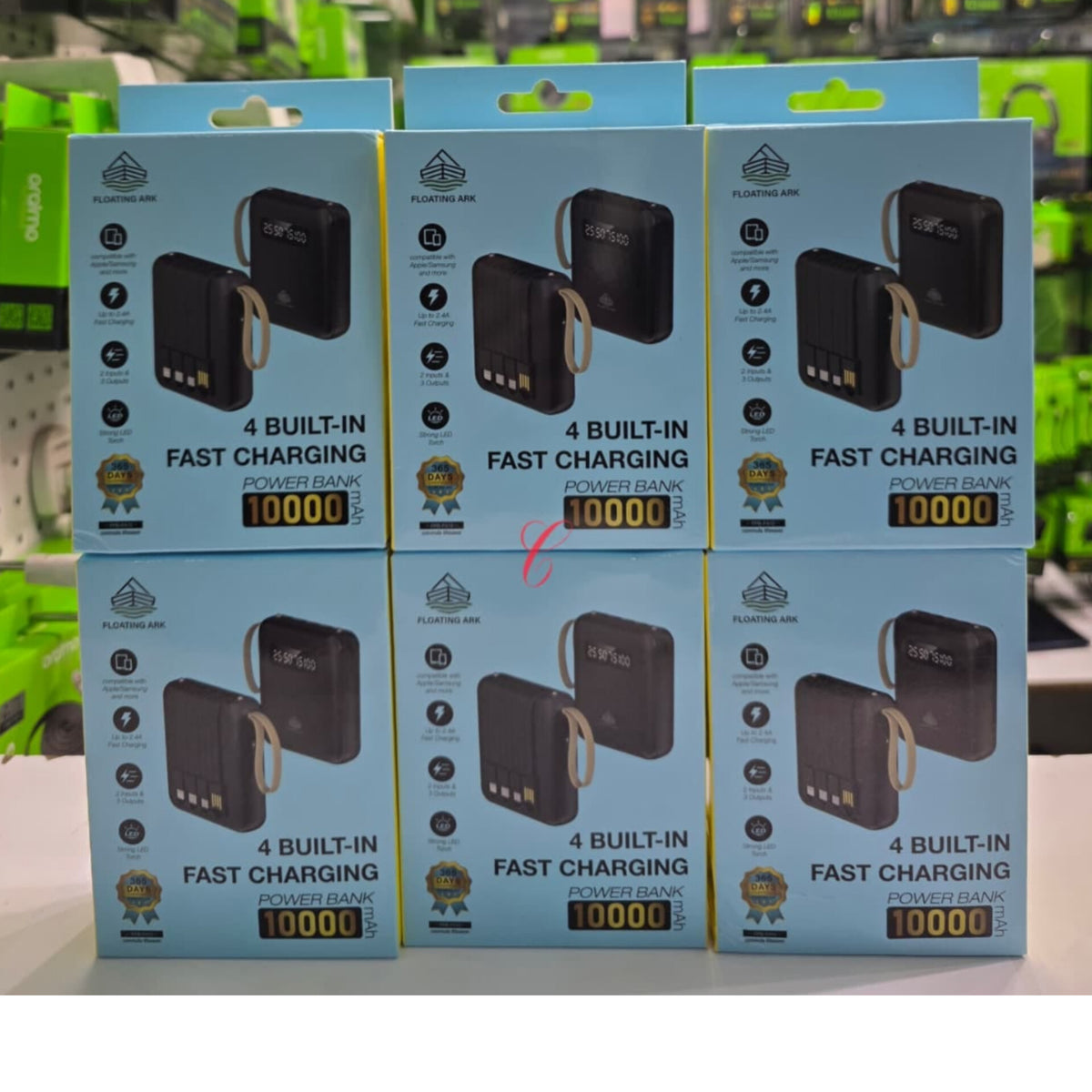 10000mAh Power Bank with 4 Built-In Cables and LED Torch