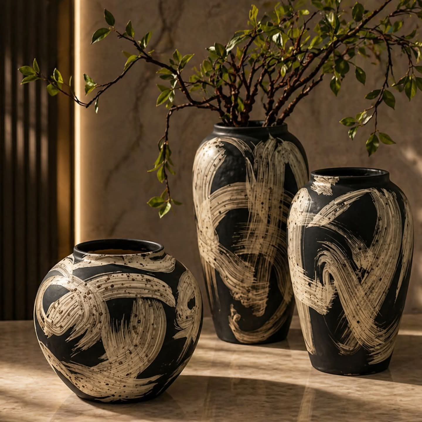 3 Piece Black White Vase Set