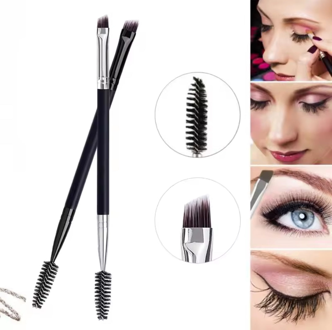 Two black double-ended eyebrow brushes shown with close-ups of the angled brush head and the spoolie end.