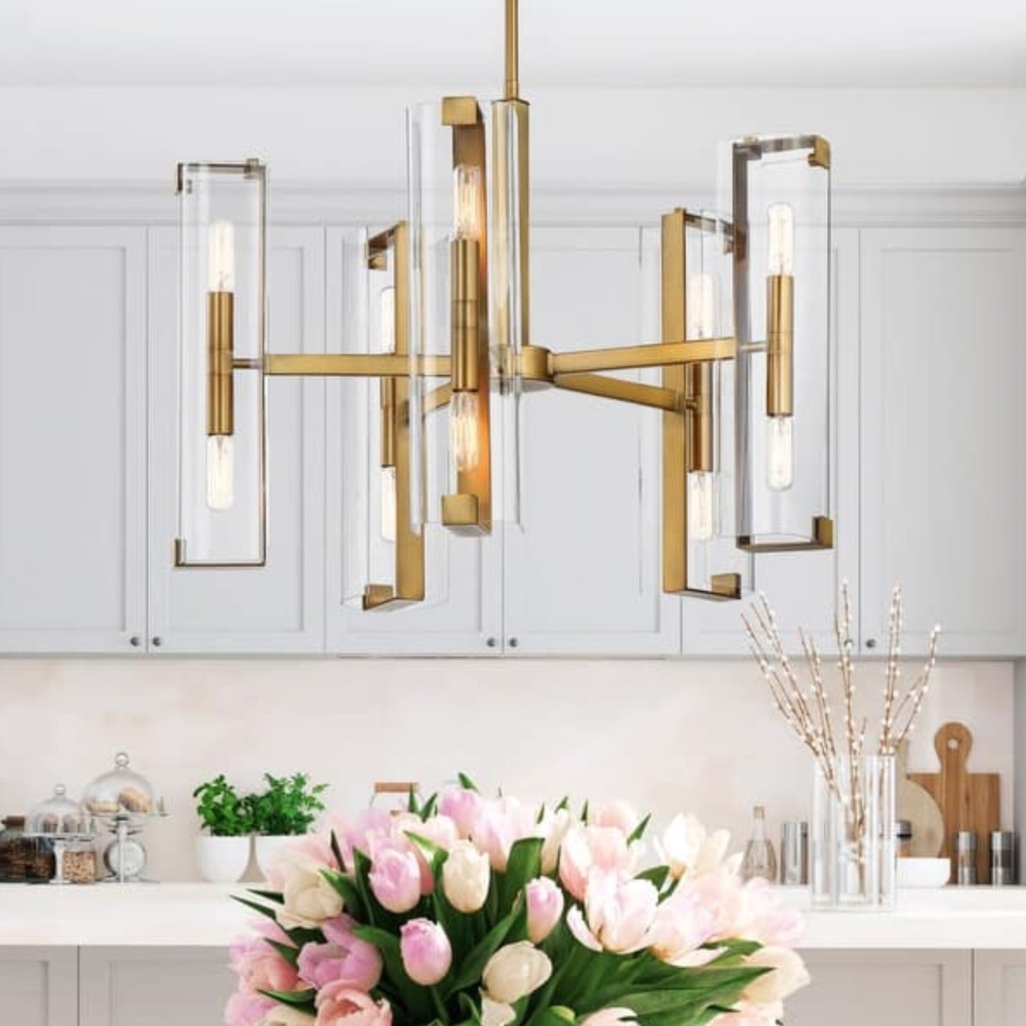 Black Metal Chandelier Light with Clear Glass Panels