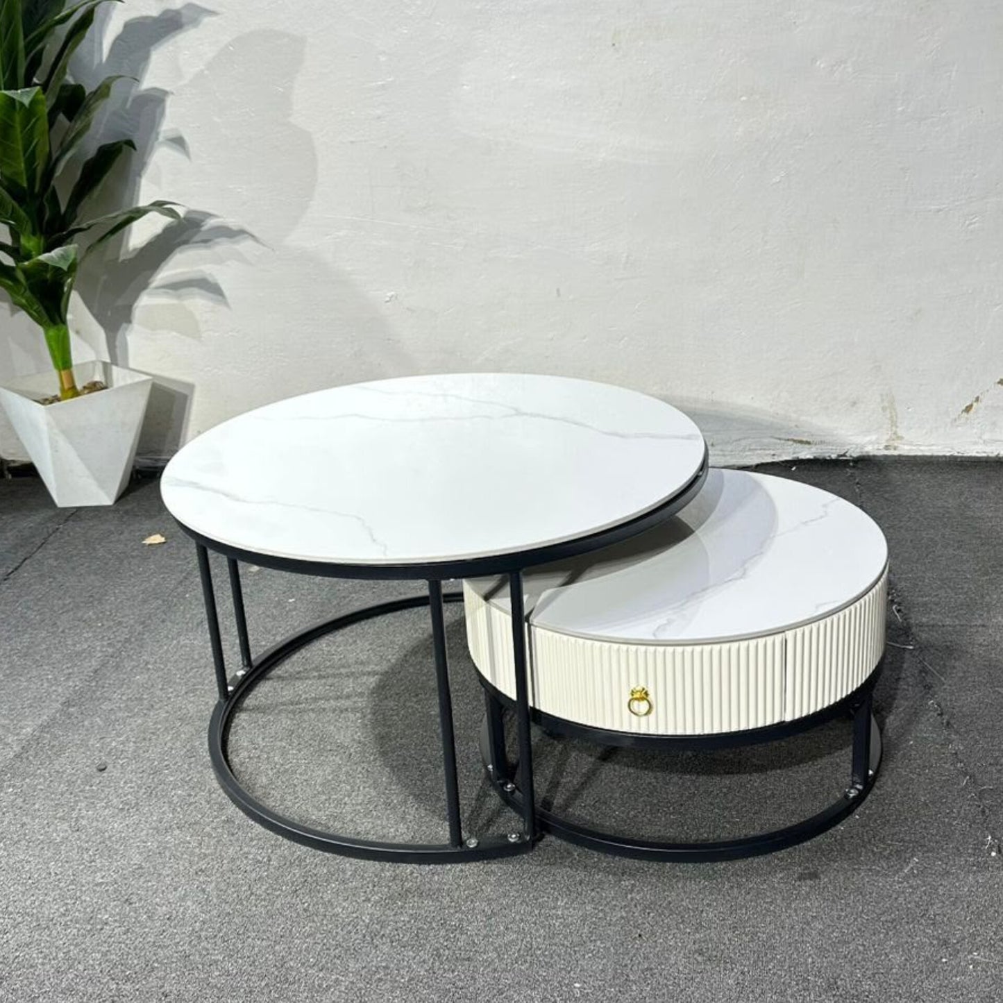 Nested Round Coffee Table Set with Marble Top and Storage Drawer
