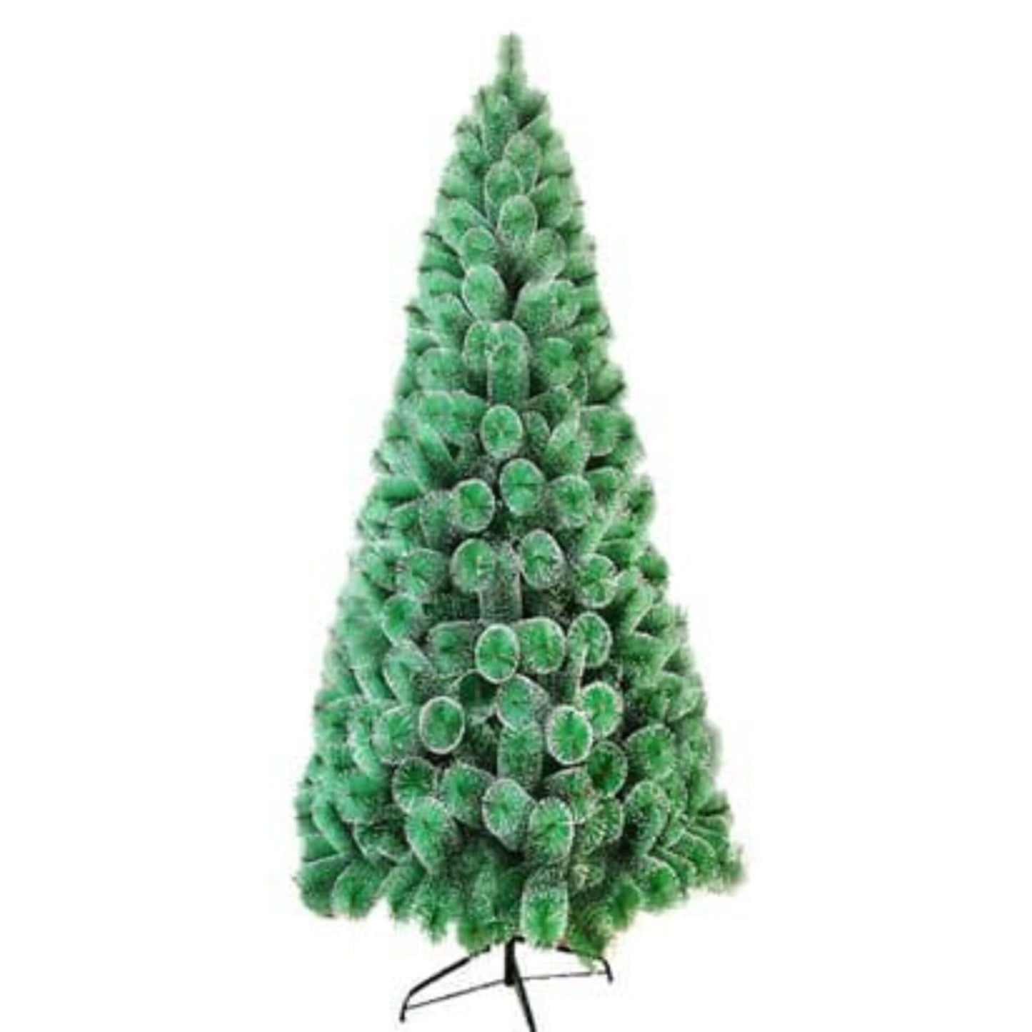 Tall, conical artificial green pine Christmas tree with white snow dot accents and a black metal stand.