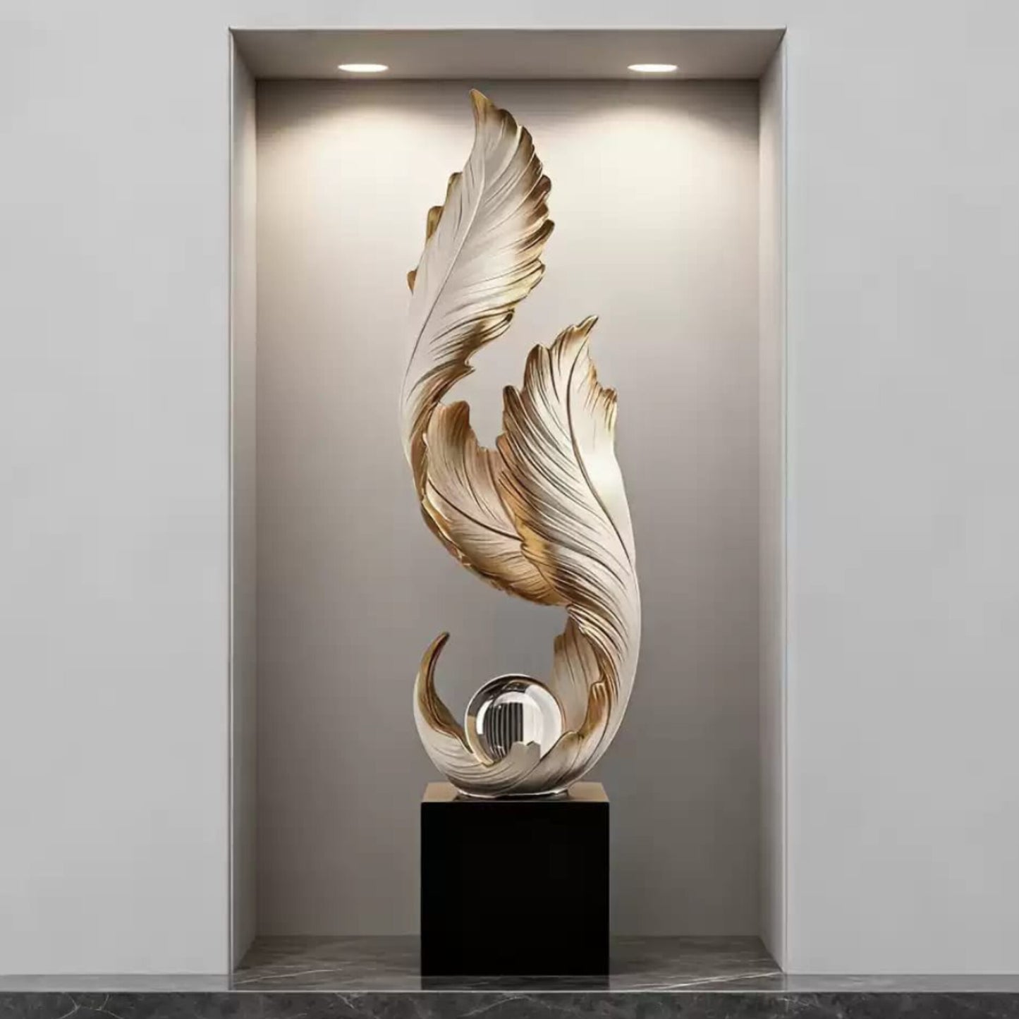 White and Gold Resin Feather Sculpture
