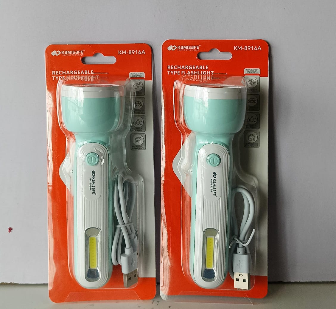 Teal and white Kamisafe KM-8916A rechargeable flashlights with USB cables.