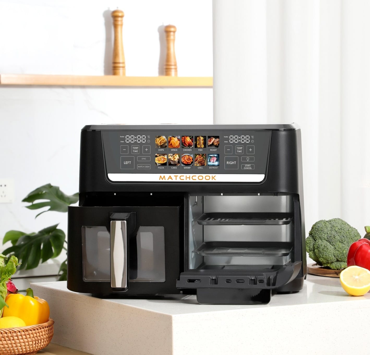 Matchcook dual-basket kitchen appliance functioning as an air fryer and oven combo