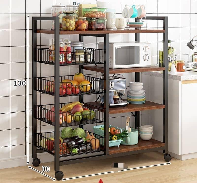 Industrial Kitchen Storage Rack with Wire Baskets, Wood Shelves, and Wheels