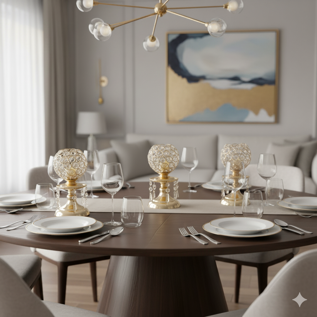 Set of Gold Crystal Metal Candle Holders for Table Centerpieces