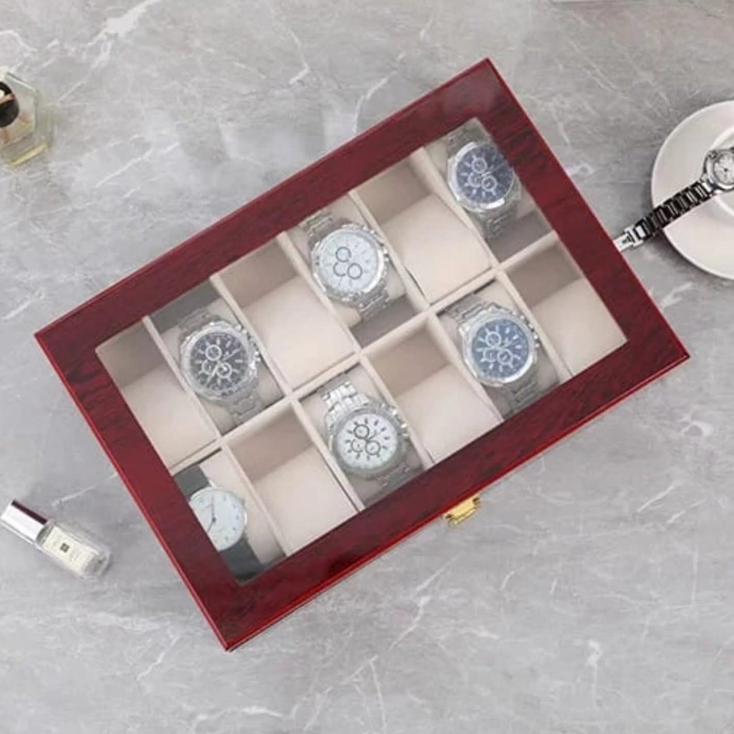 12 Slot Wooden Watch Organizer with Glass Top