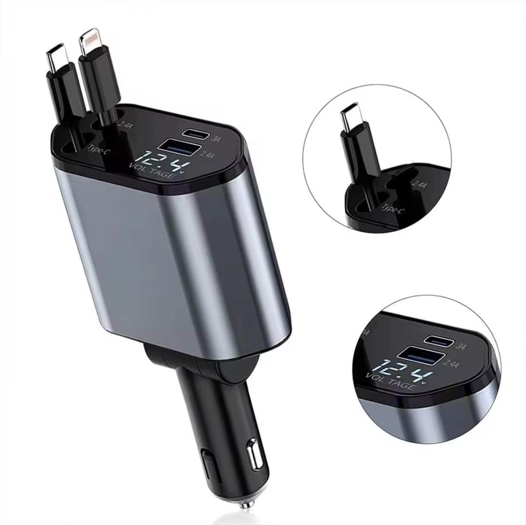 4 in 1 Retractable Fast Car Charger with Dual USB ports and LED Display