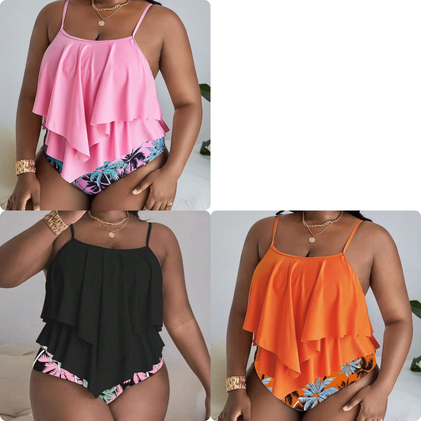 Flattering Plus Size Ruffled Tankini Top with Patterned Swim Bottoms