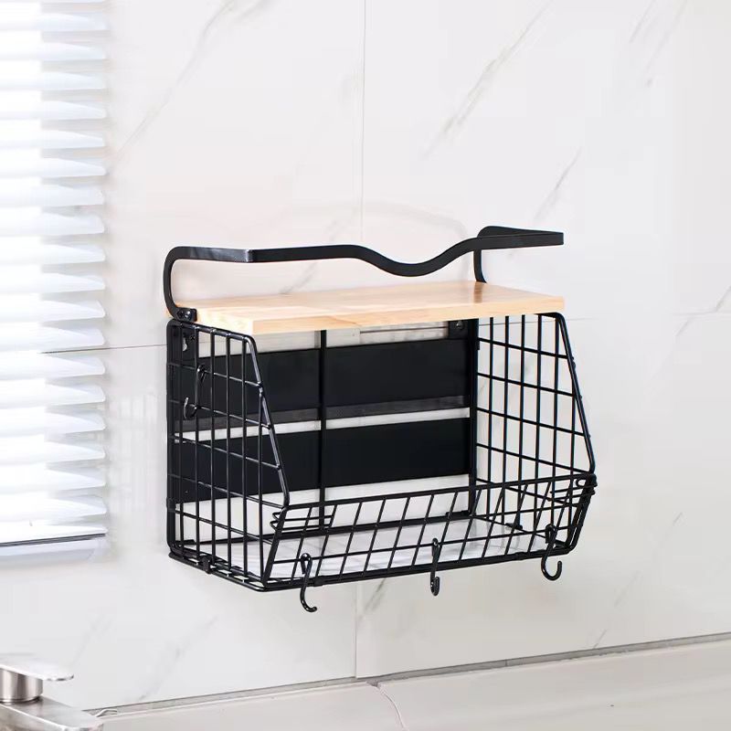 Multifuntional wire storage basket with wooden shelf