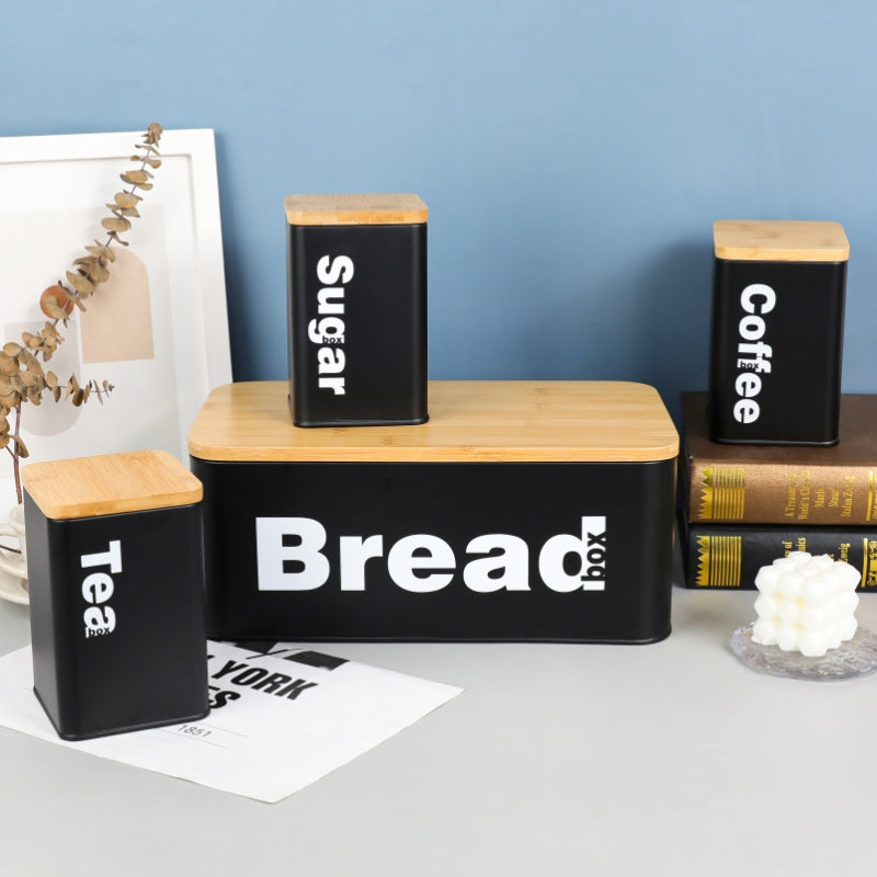 Bread bin with 3 canisters bamboo lids
