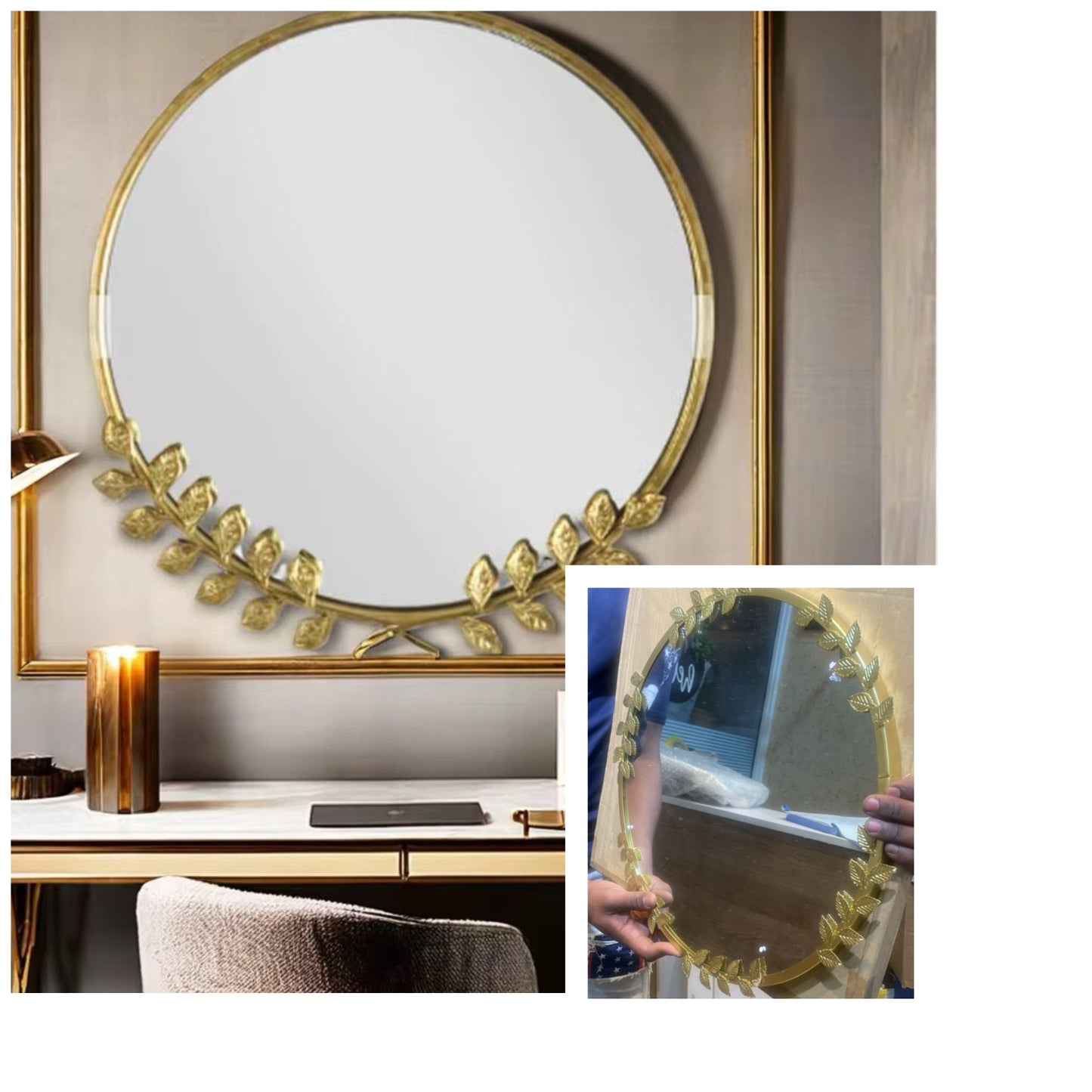 A round decorative wall mirror with a gold frame and a detailed gold leaf and vine design along the bottom edge.