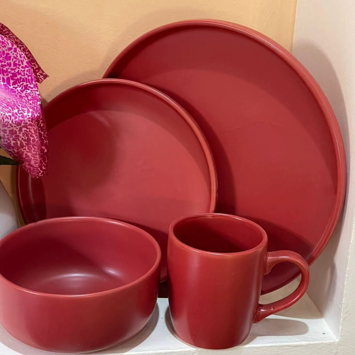 24Pc Red Ceramic Dinner Set with cups, saucers, bowls and dinner plates