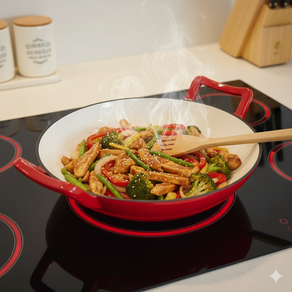 A vibrant red enamel cast iron wok pan on an electric stovetop filled with steaming chicken and vegetable stir-fry being mixed with a wooden spoon.