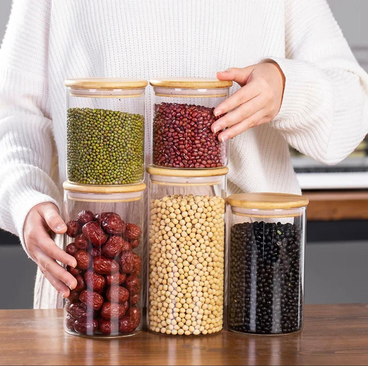 Round clear glass storage jars