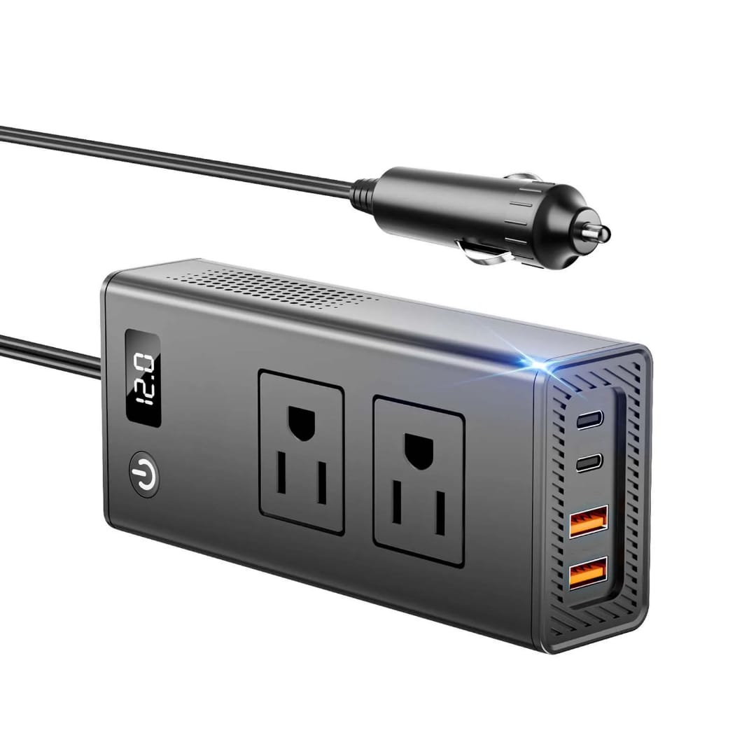 Black 200W car power inverter with dual AC outlets, USB A and C ports, cigarette lighter plug, and digital voltage display