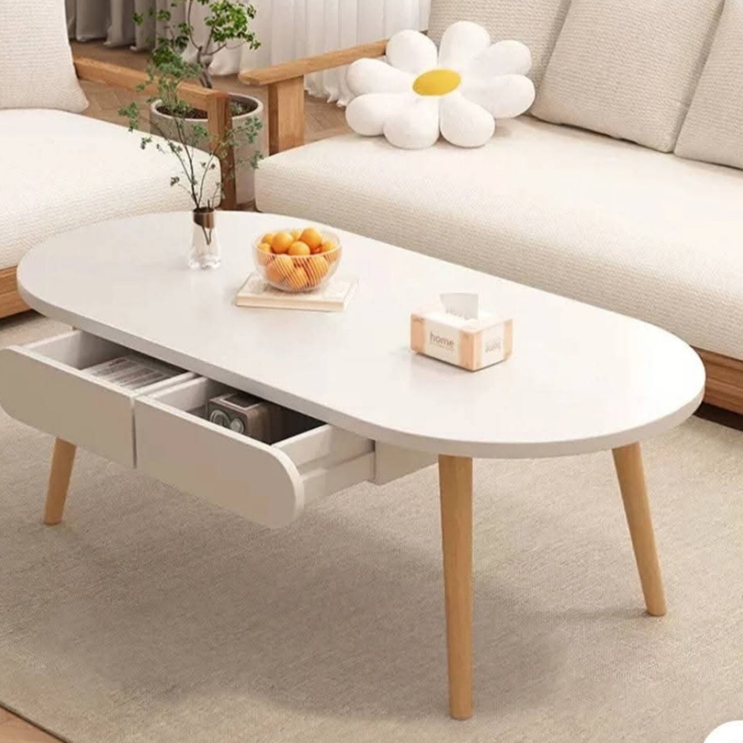 Oval Coffee Table with Drawer Storage