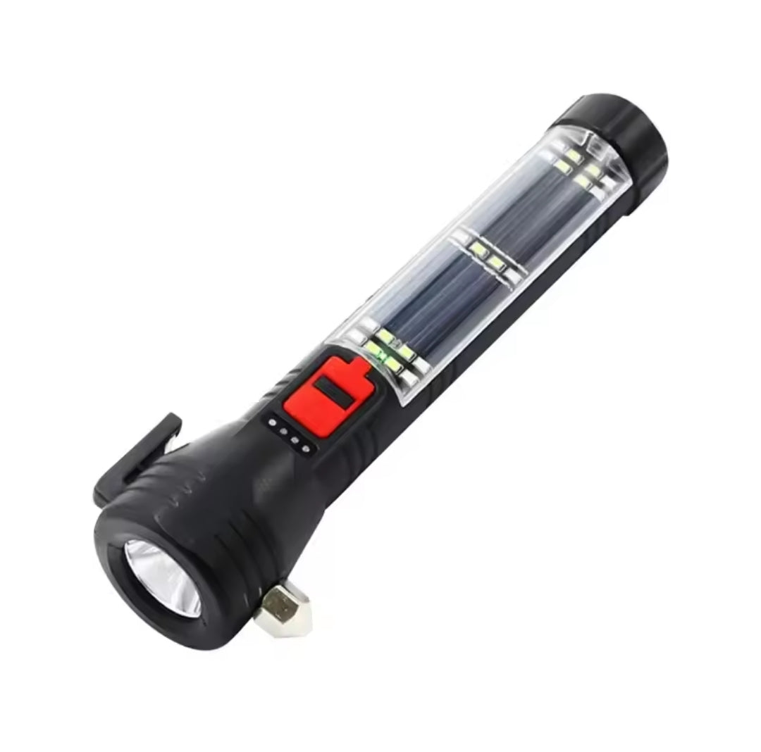 A black multifunctional car flashlight featuring a red power button and a solar panel on the handle.