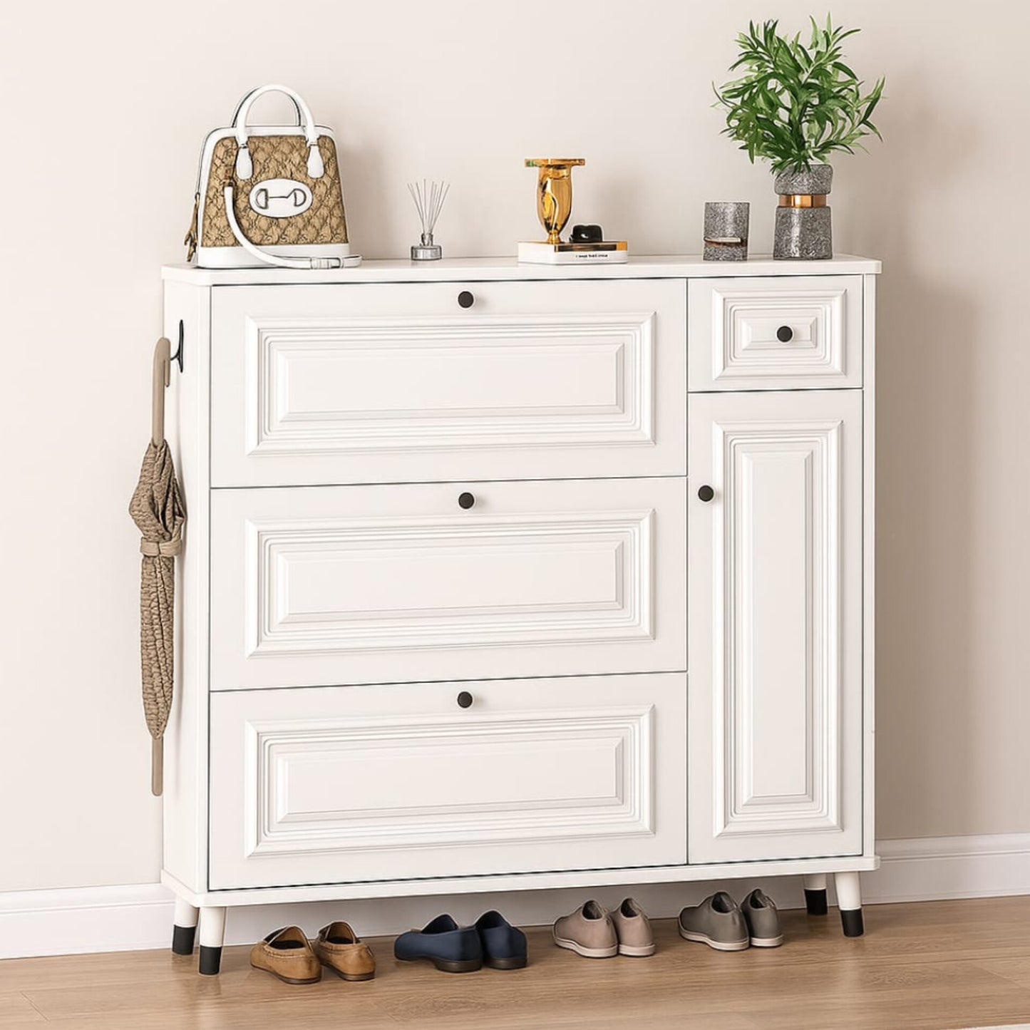 Space-Saving Black Modern 3-Tier Flip-Down Shoe Storage Cabinet