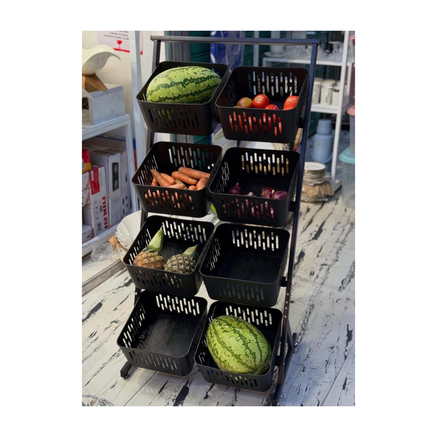 Metallic Vegetable Basket and Fruit Rack with Plastic Baskets