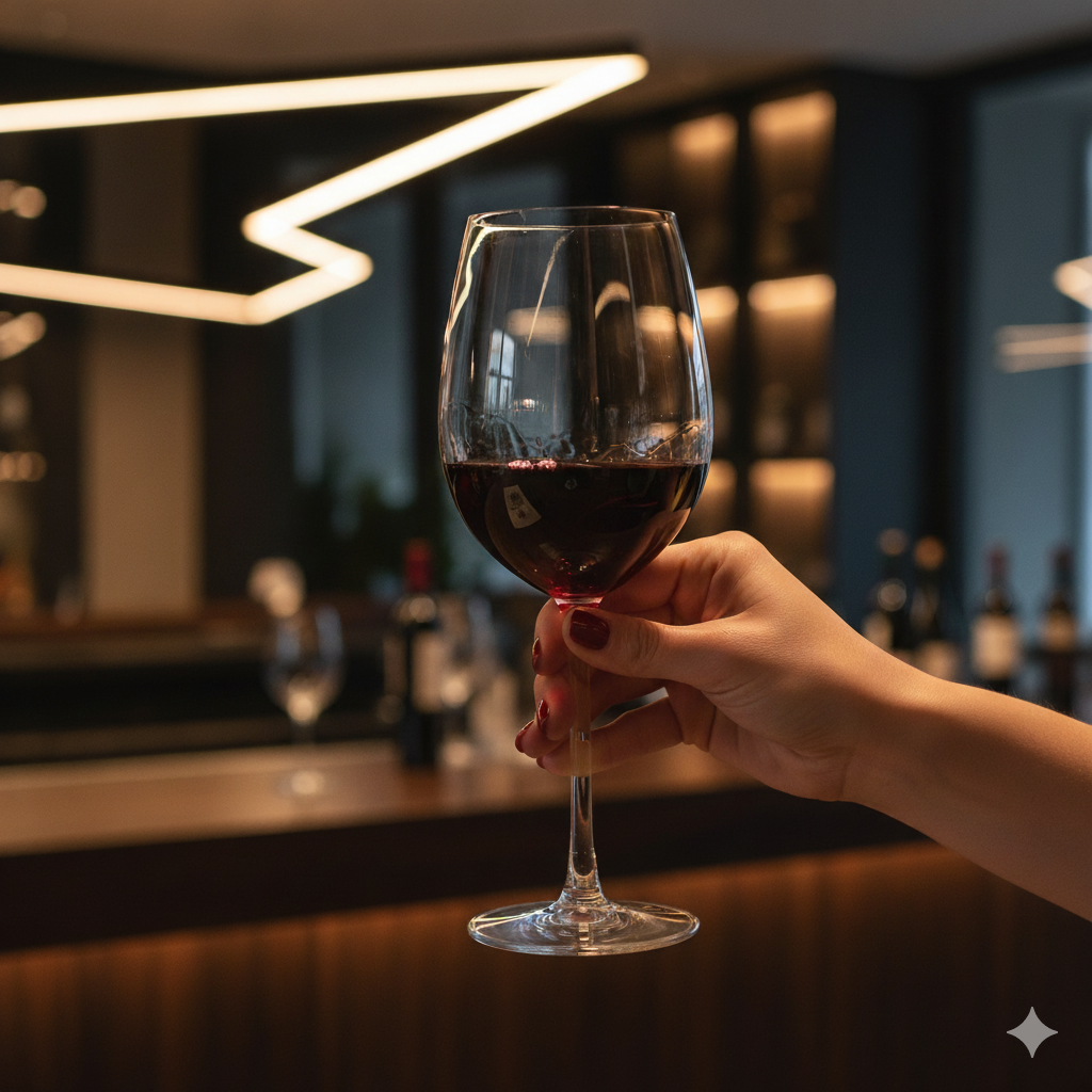 A hand holding a clear, stemmed wine glass filled with deep red wine, with the background of a dimly lit bar or restaurant.