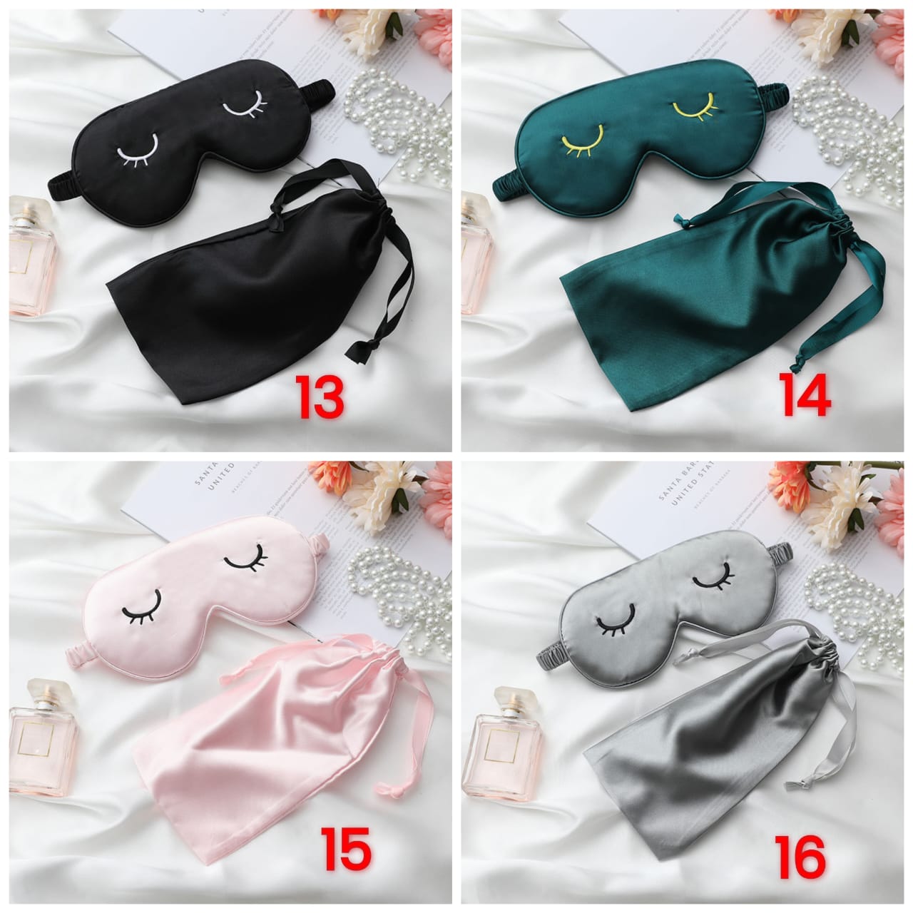 Four silk sleeping eye masks with embroidered eyelashes in black, green, pink, and gray, each shown with its matching silk drawstring bag.