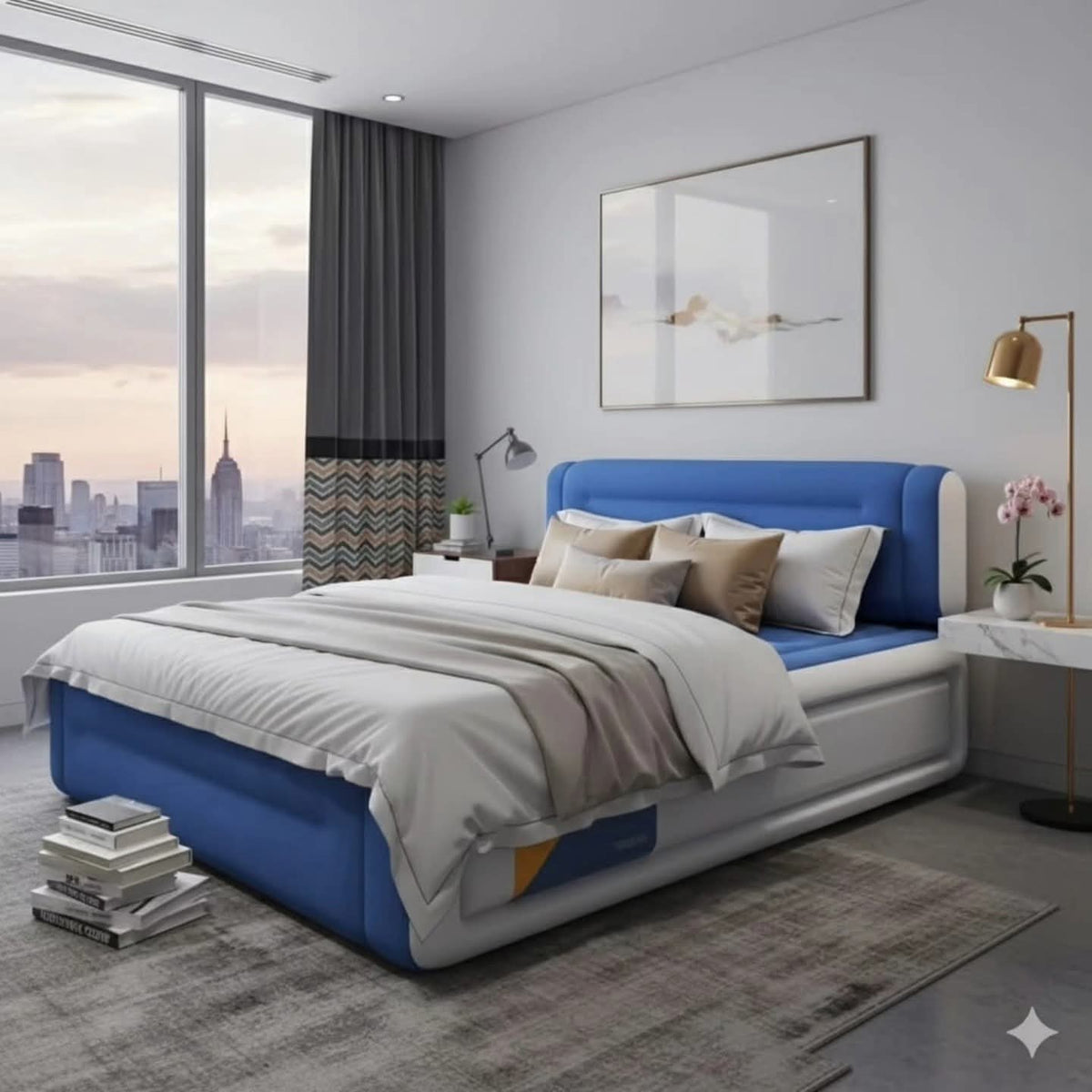 PREMIUM INFLATABLE AIR BED WITH SUPPORTIVE BACKREST AND BUILT-IN ELECTRIC PUMP