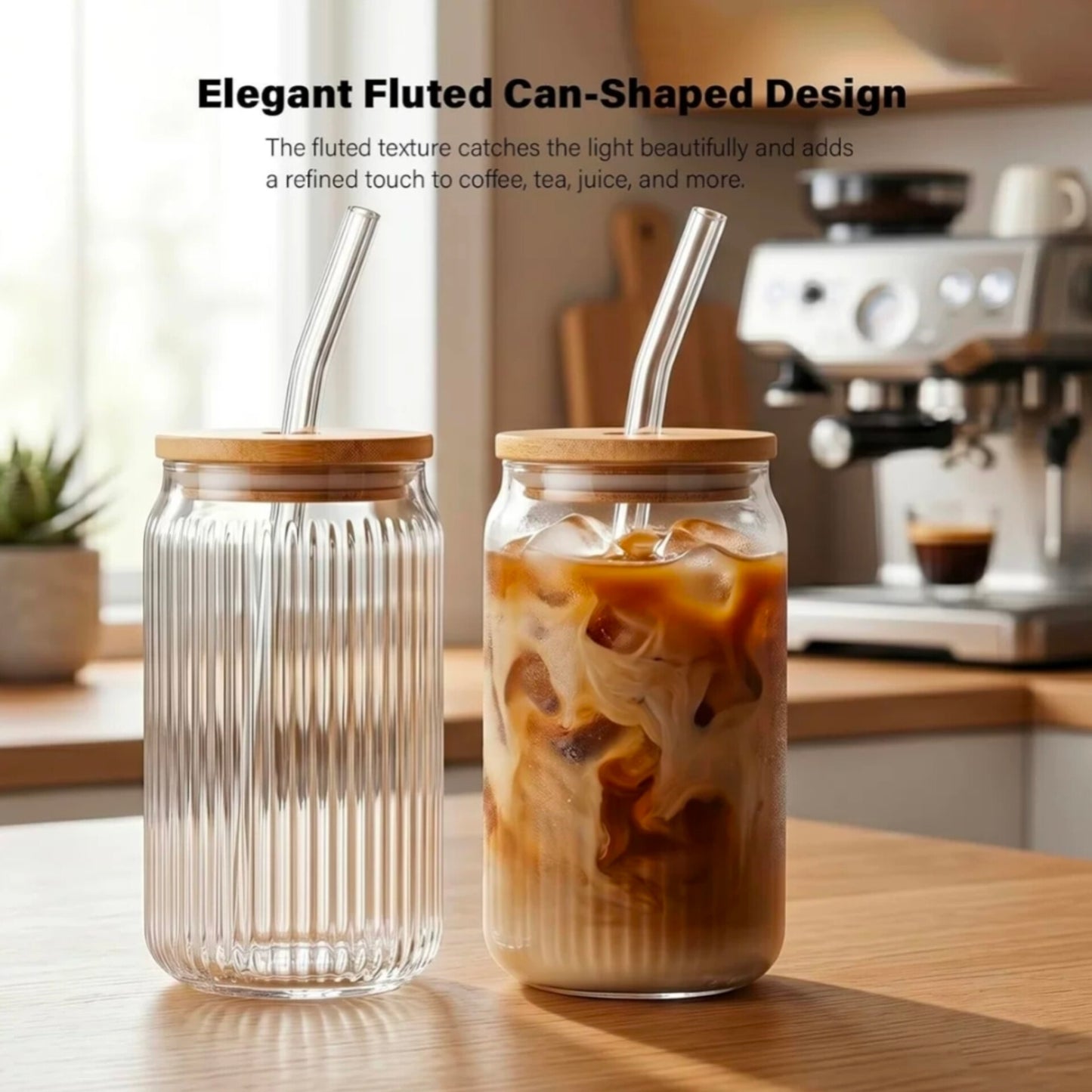 Ribbed Borosilicate Glass Cup with Bamboo Lid