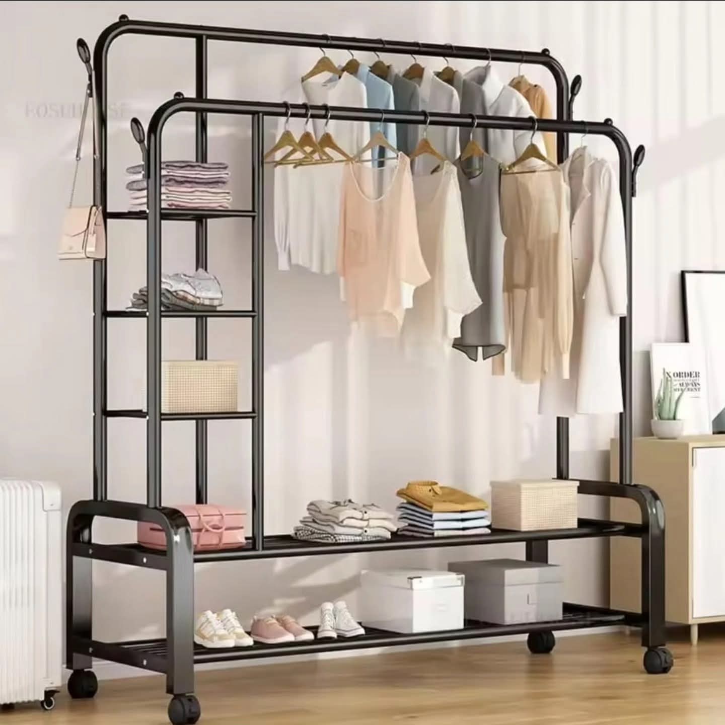 Double Layer Garment Rack Floor Clothing Rack