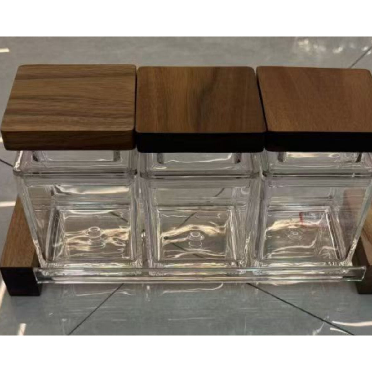 3 In 1 Glass Canister Spice Jar Set with Wooden Lids and Tray