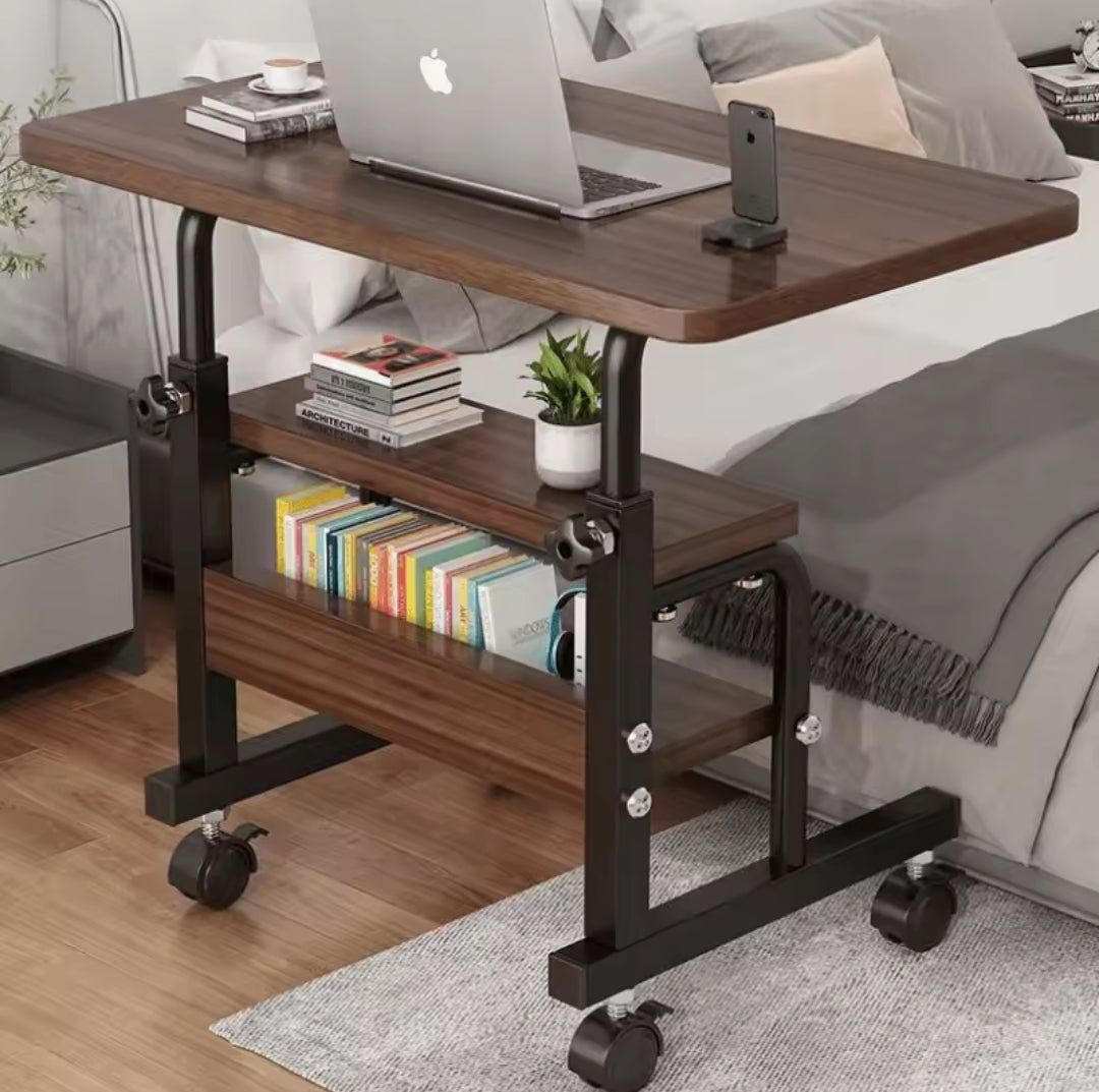 Walnut brown adjustable rolling laptop desk with black metal frame and lower storage shelves