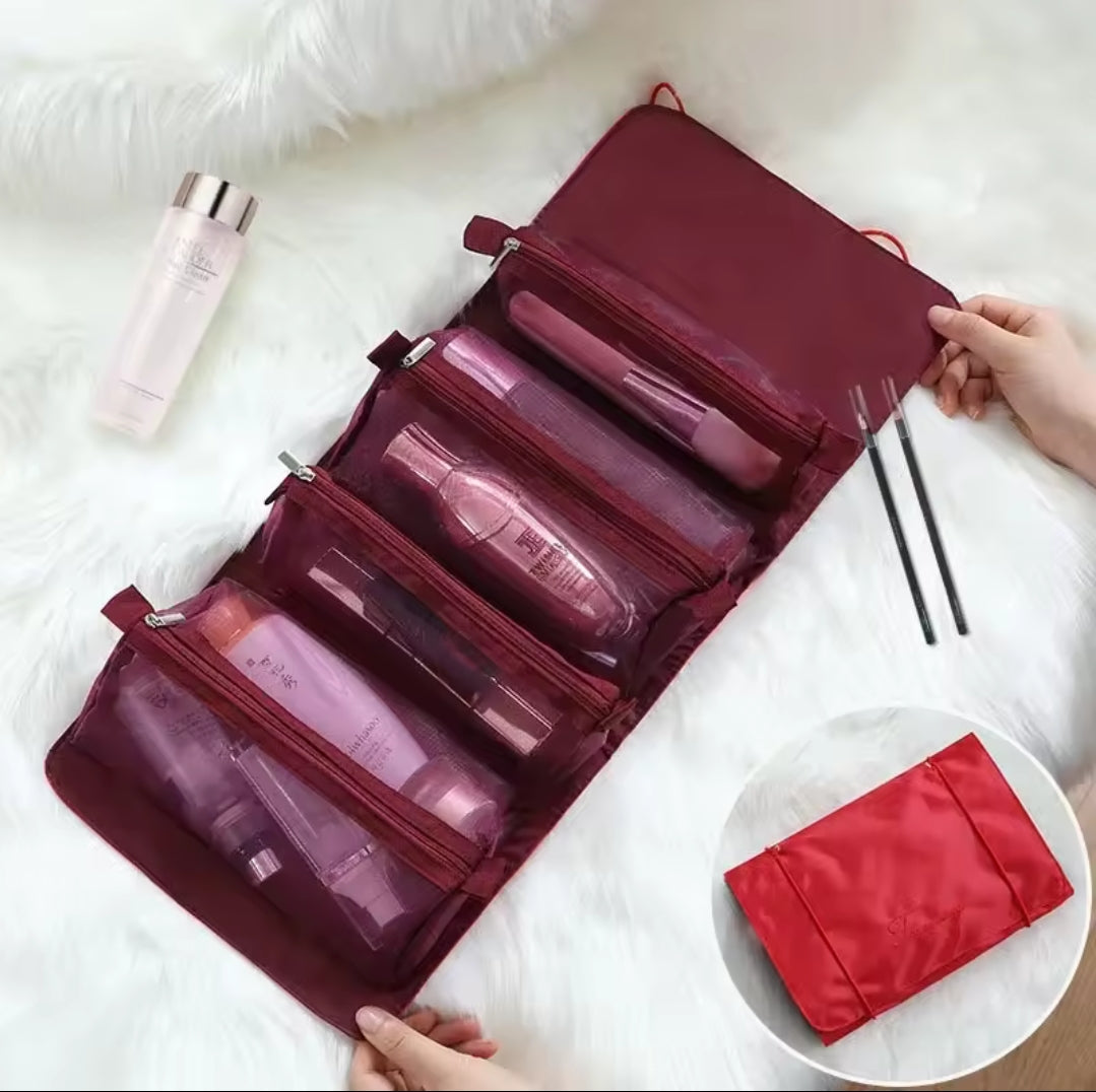 Foldable Roll-Up Travel Makeup Bag with Detachable Mesh Pouches gha