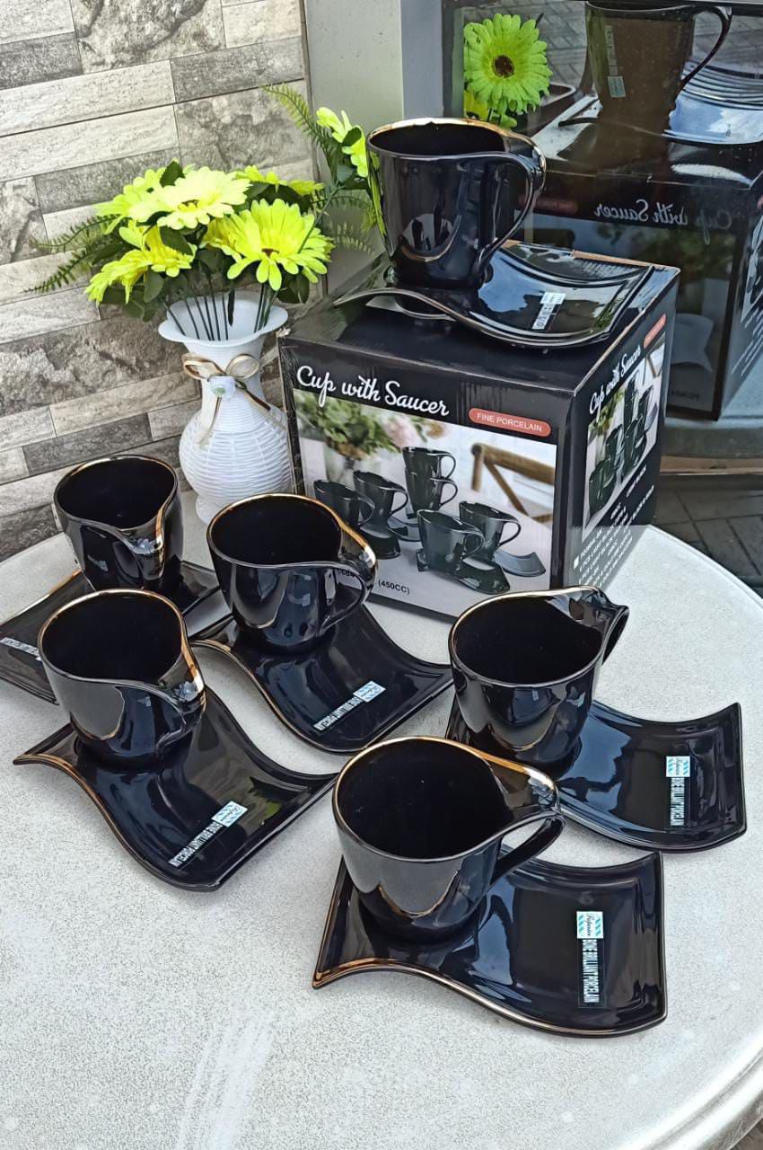 12 Pc Black gold rim cup and saucer set