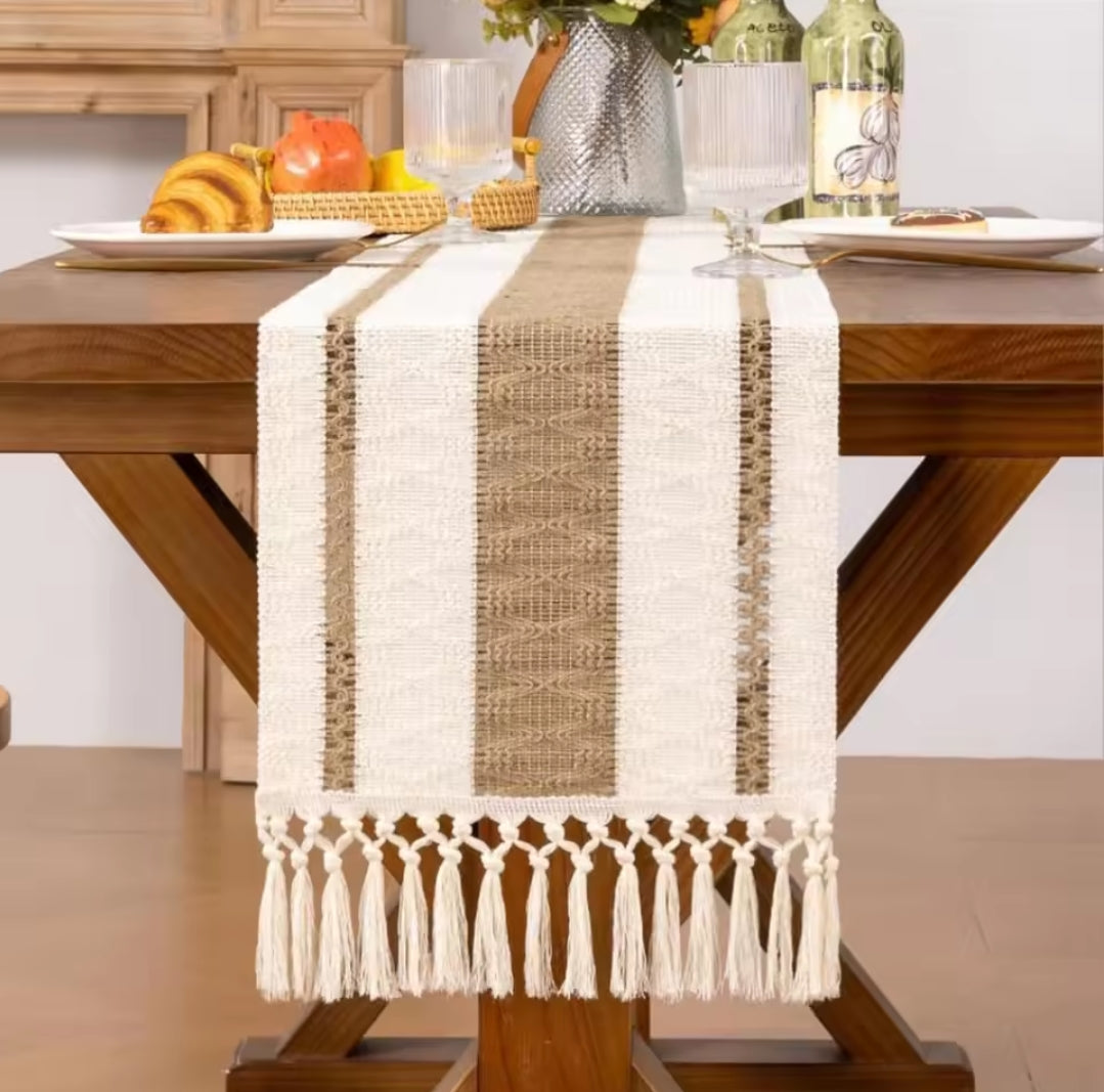 Bohemian Woven Cotton Table Runner with Tassels